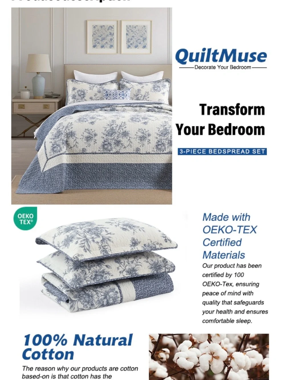 Blue and Cream Floral Quilt Set